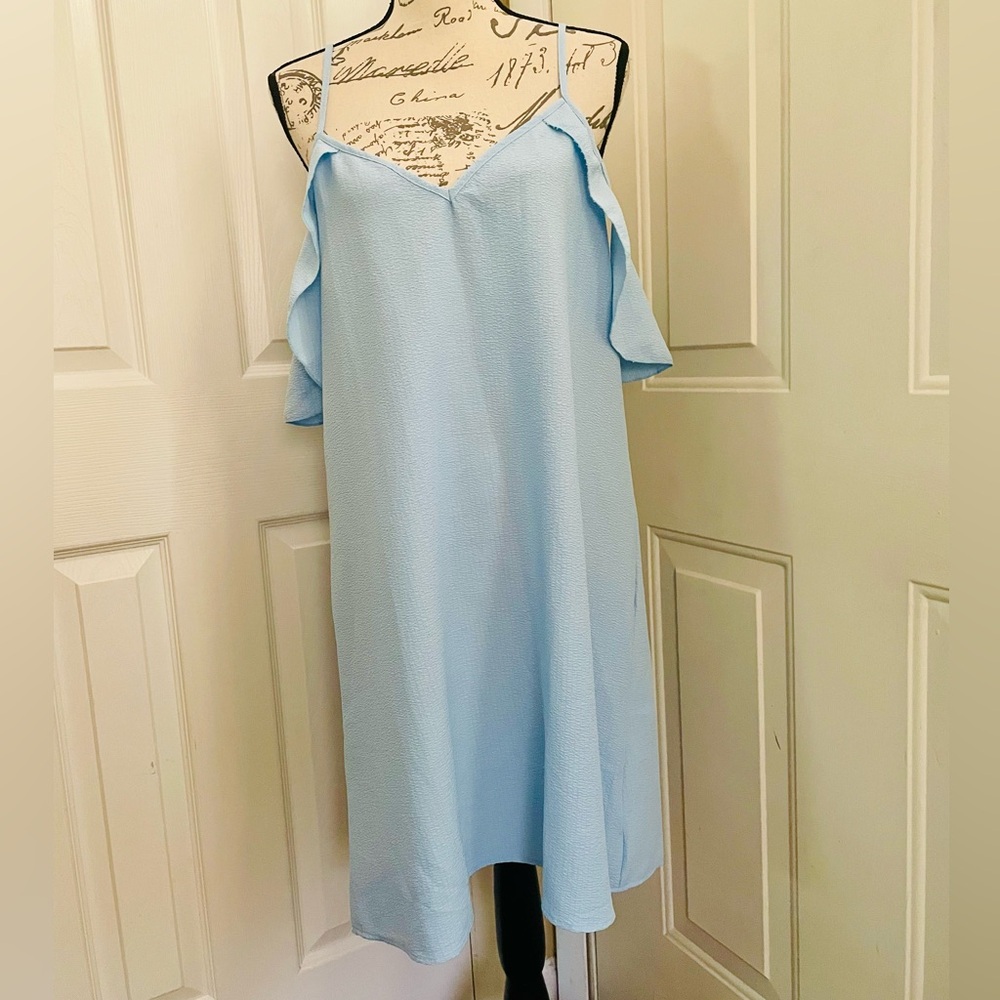 SHEIN Light Blue Textured Slip Dress with Cold-Shoulder Ruffle
